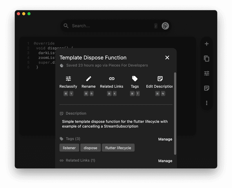 The Quick Menu in the Pieces desktop app.