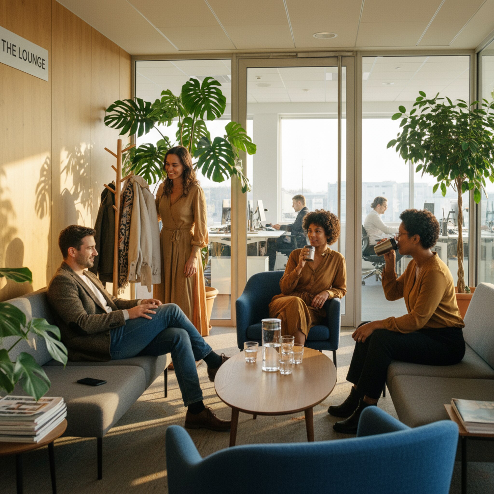 Eine vertraute Mietergruppe trifft sich am frühen Vormittag in einer kleinen Lounge mit Sofas und Pflanzen. Jacken werden abgelegt, Wasser wird eingeschenkt, kurze Grüße wechseln. Durch eine Glastür sind ruhige Arbeitsplätze zu sehen. Die Szene vermittelt geregelten Zugang und planbare Nutzung ohne Abstimmungsaufwand.
