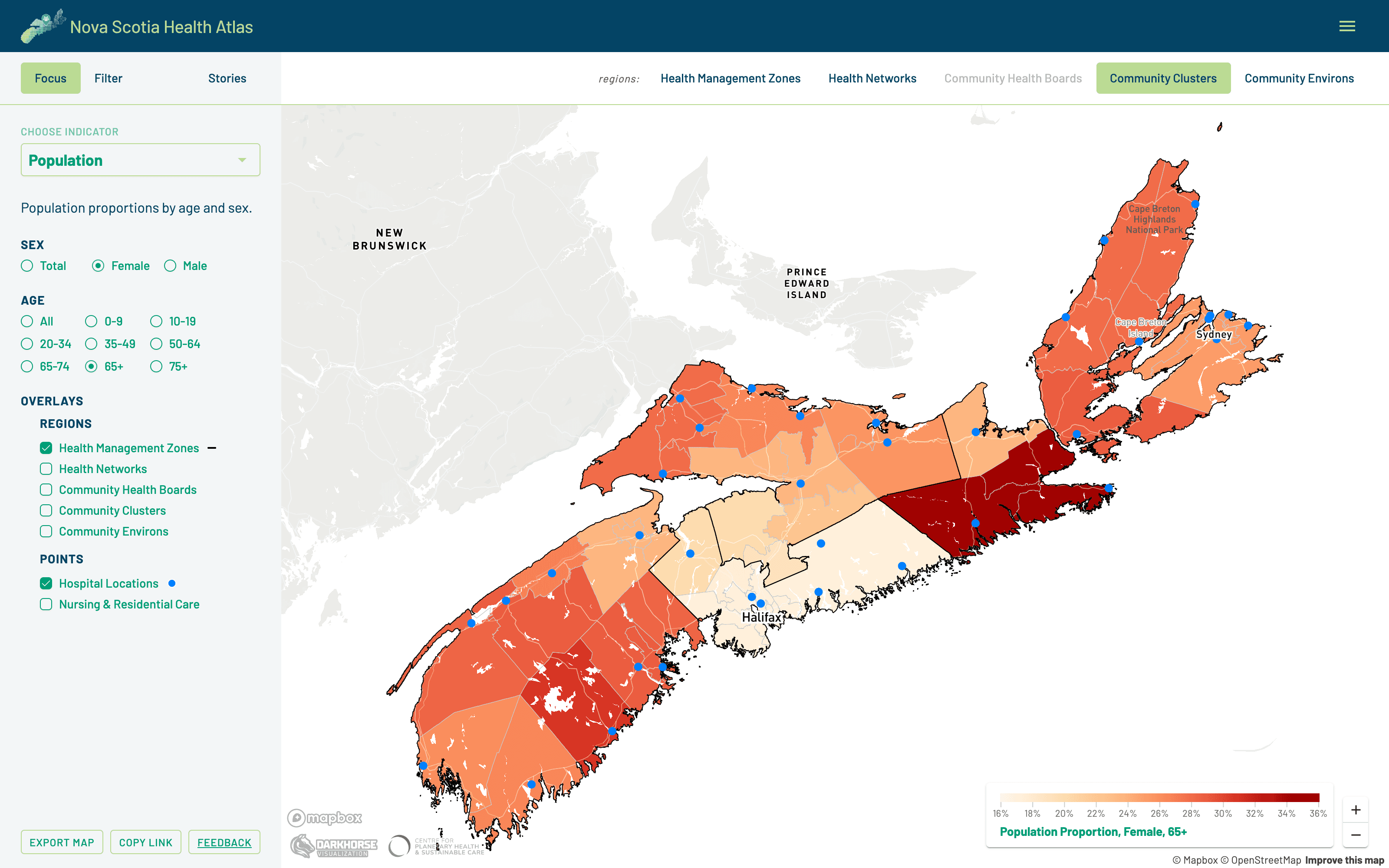 Nova Scotia Health Atlas map of the female population aged 65 and older by community cluster, with health management zone boundaries and hospital locations