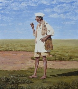 herd of sheep on road painting