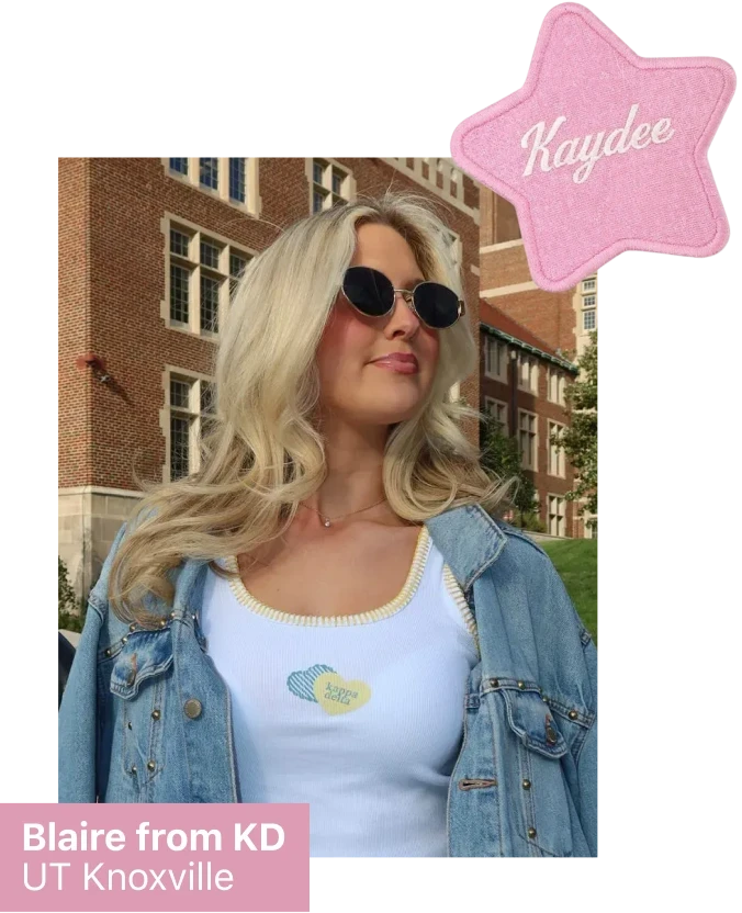 Collage labeled “Blaire from KD, UT Knoxville”: outdoor campus photo of a person in a white Kappa Delta tank with yellow trim and a studded denim jacket, with a pink “Kaydee” star sticker.