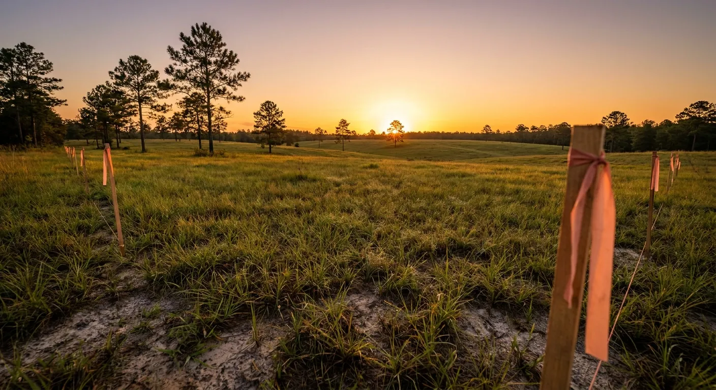 Sunset over grassy field with staked flags; RockN' Socials Digital Marketing Agency.