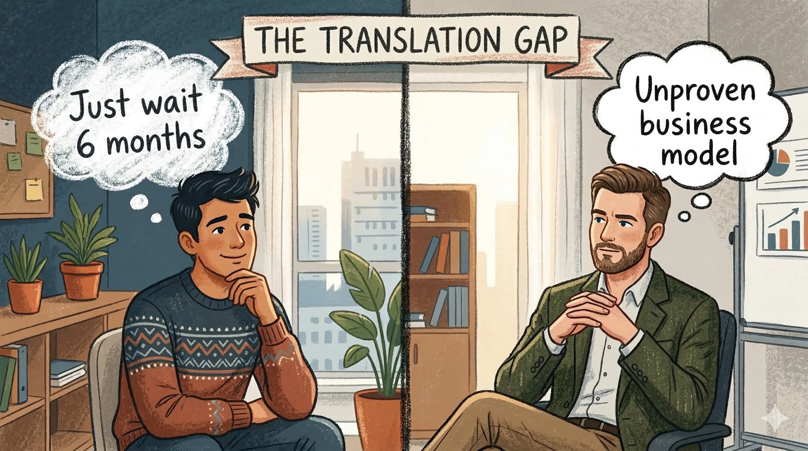 A split illustration showing a founder thinking "Just wait 6 months" while the investor is actually thinking "Unproven business model," highlighting the translation gap
