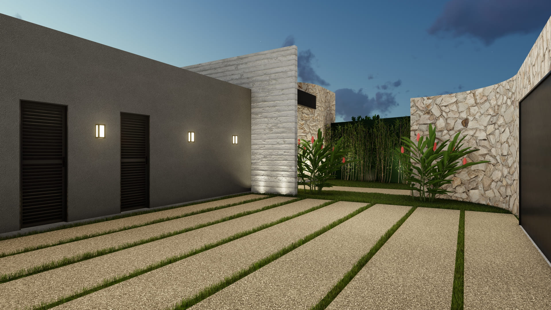 Projeto arquitetônico de casa de festas desenvolvido pela Meraki Arquitetura, com salão principal, forro curvo e claraboia voltada para o sol da manhã.