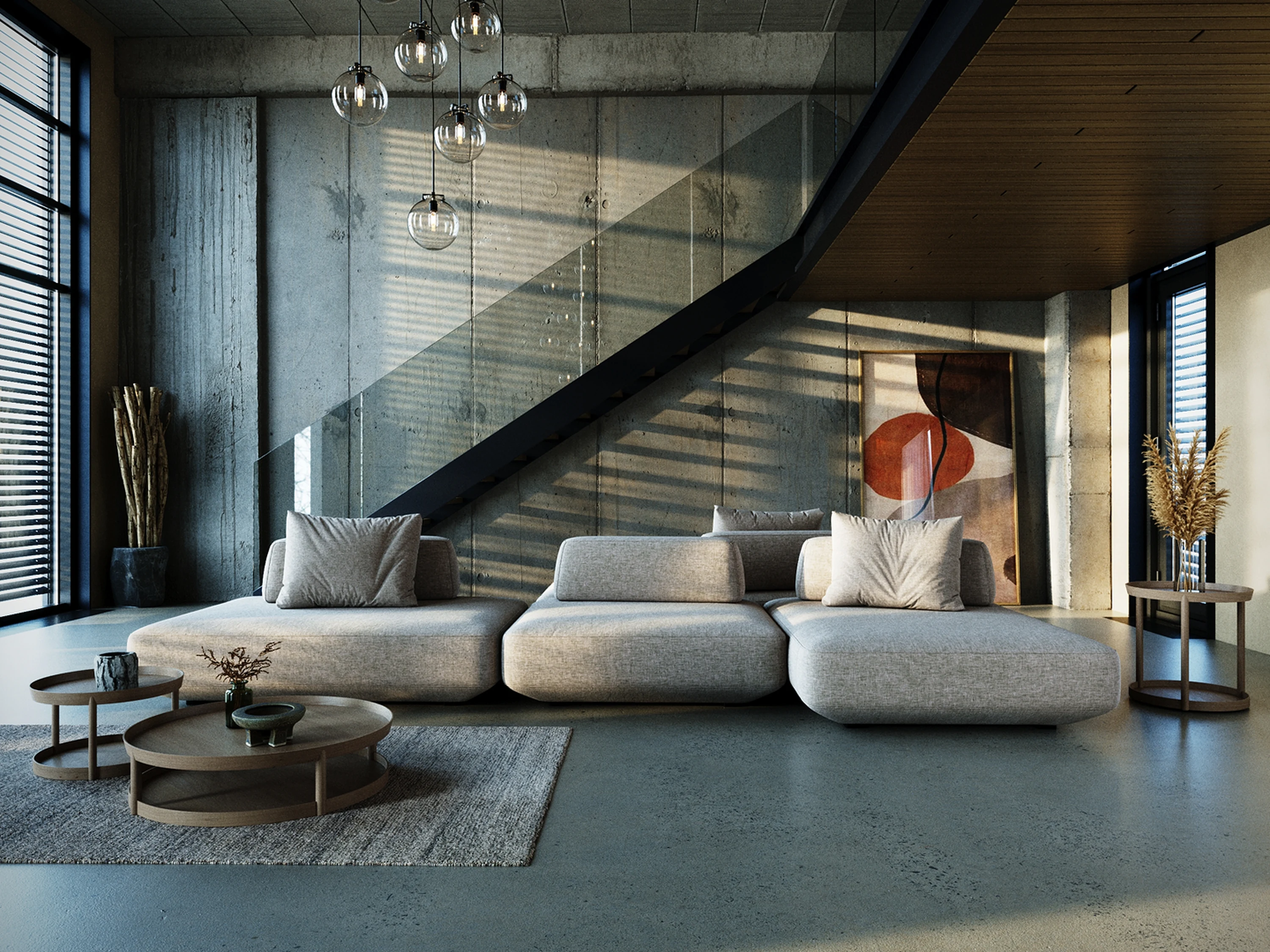 Salon — rangements bas intégrés et tapis à tissage plat.