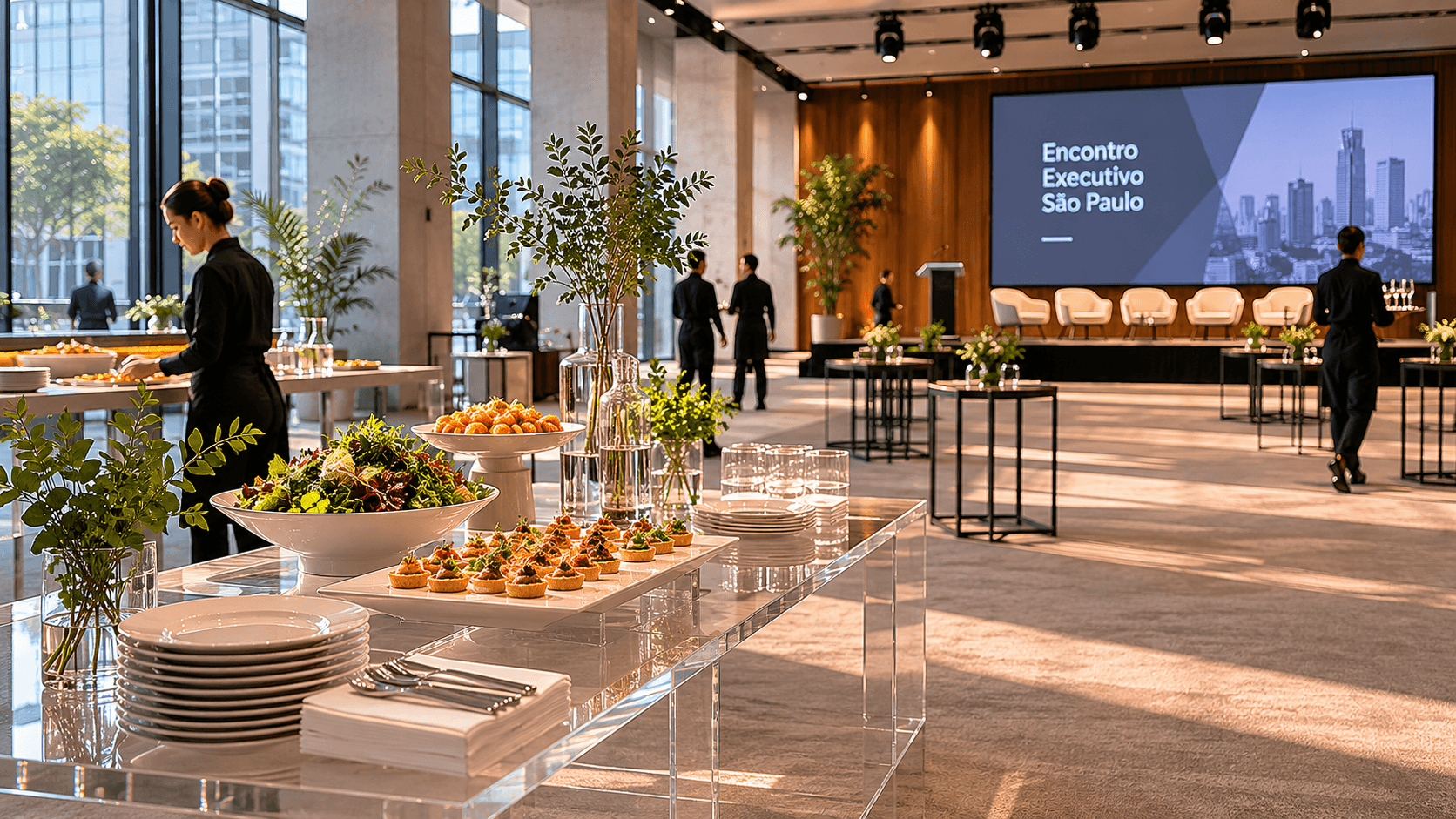 espaços para eventos corporativos em São Paulo com estrutura de alimentação montada