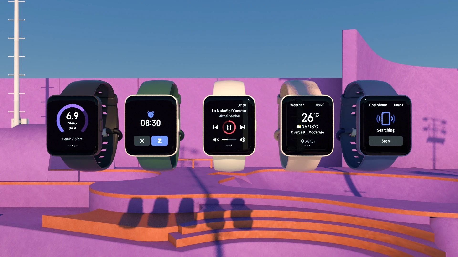 Premium 3D product visualization of Redmi Watch 2 Lite color variants