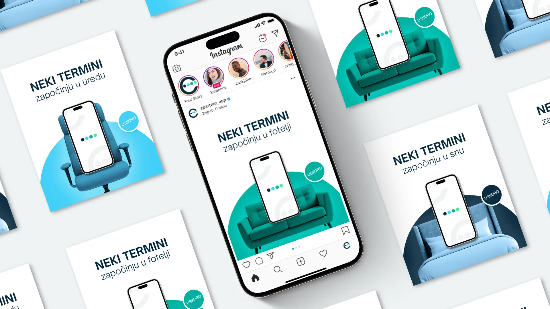 A digital brand presentation by Studio Liminal displaying curated social media marketing templates and graphic post layouts for the epartner tech platform.