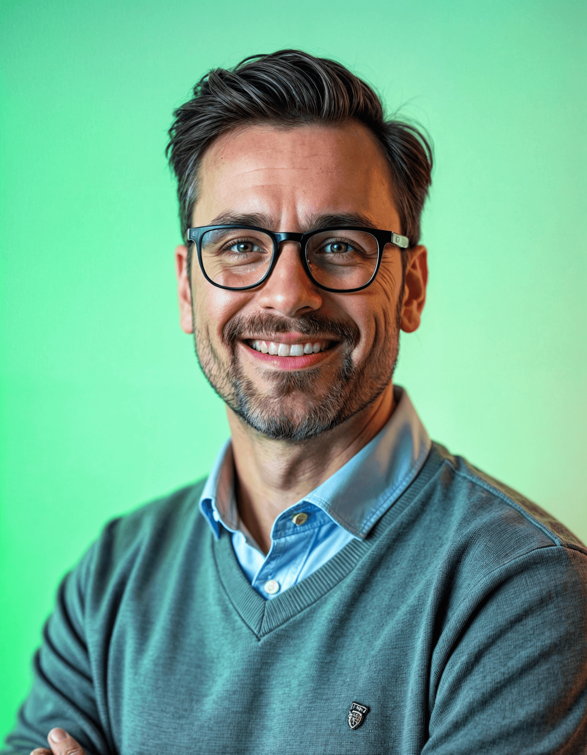 Smiling man with glasses, wearing a sweater, poses with arms crossed against a green gradient background.