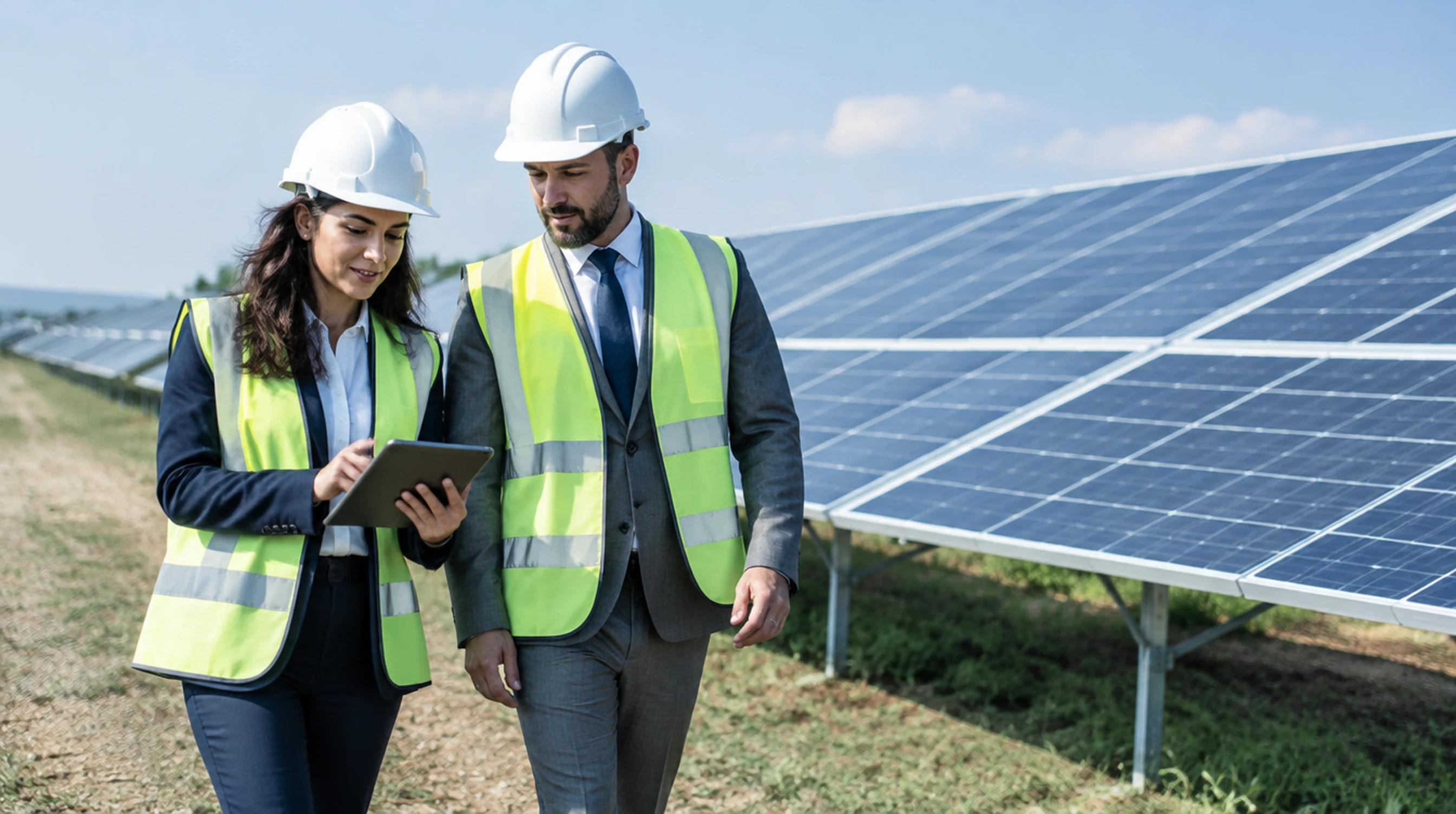 Finance professionals in hard hats reviewing a tablet at a solar farm
