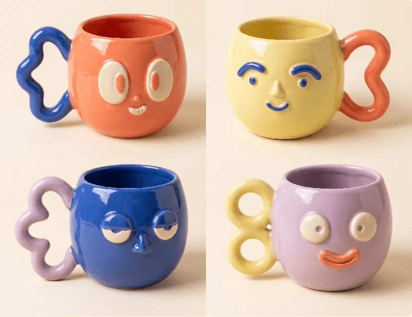 Four colourful sculptural mugs in the illustrative Odd Cup email campaign.