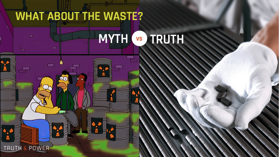 Real nuclear waste is used fuel, small uranium pellets, not green goo like on The Simpsons. The image on the right shows fresh, unused fuel. Used fuel is highly radioactive and must be safely shielded.
