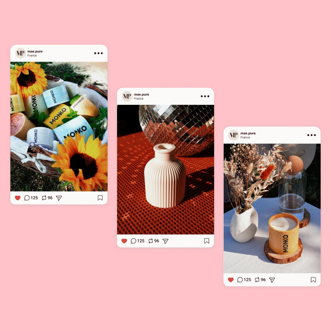 Exemples de publications instagram pour Monko Bougie. Les photos ont été réalisées lors d'un shooting.