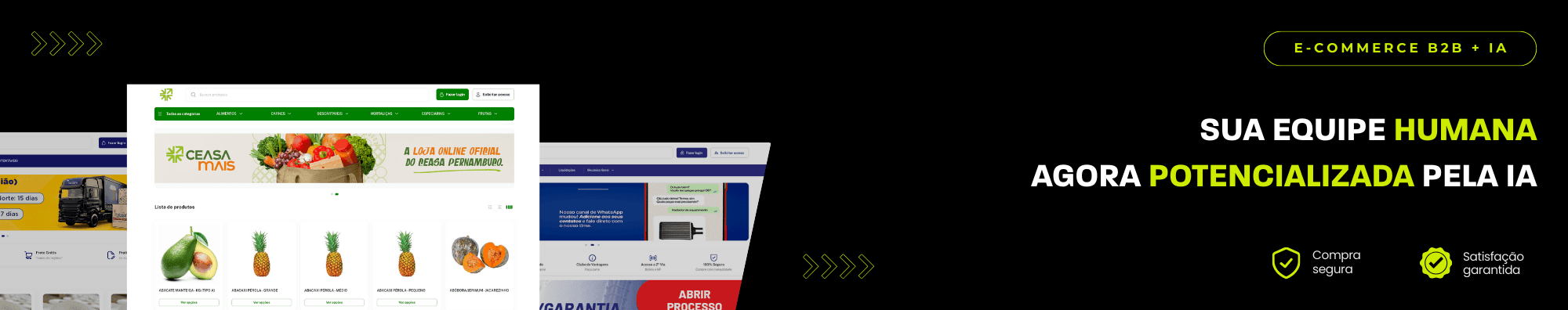 Banner horizontal com fundo escuro, ícones de segurança e satisfação, e imagens de lojas B2B exibidas à esquerda. Elementos gráficos em verde destacam o tema de e-commerce B2B com IA.