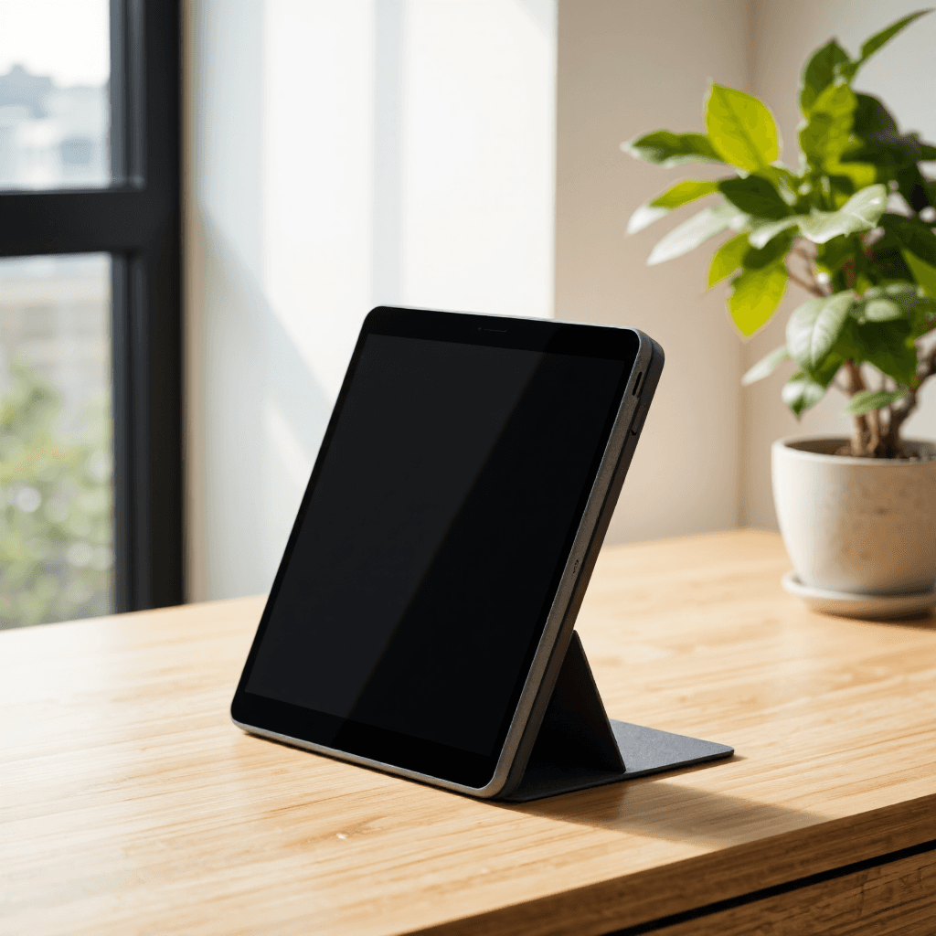 product photography of a foldable electronic device with a touchscreen display
