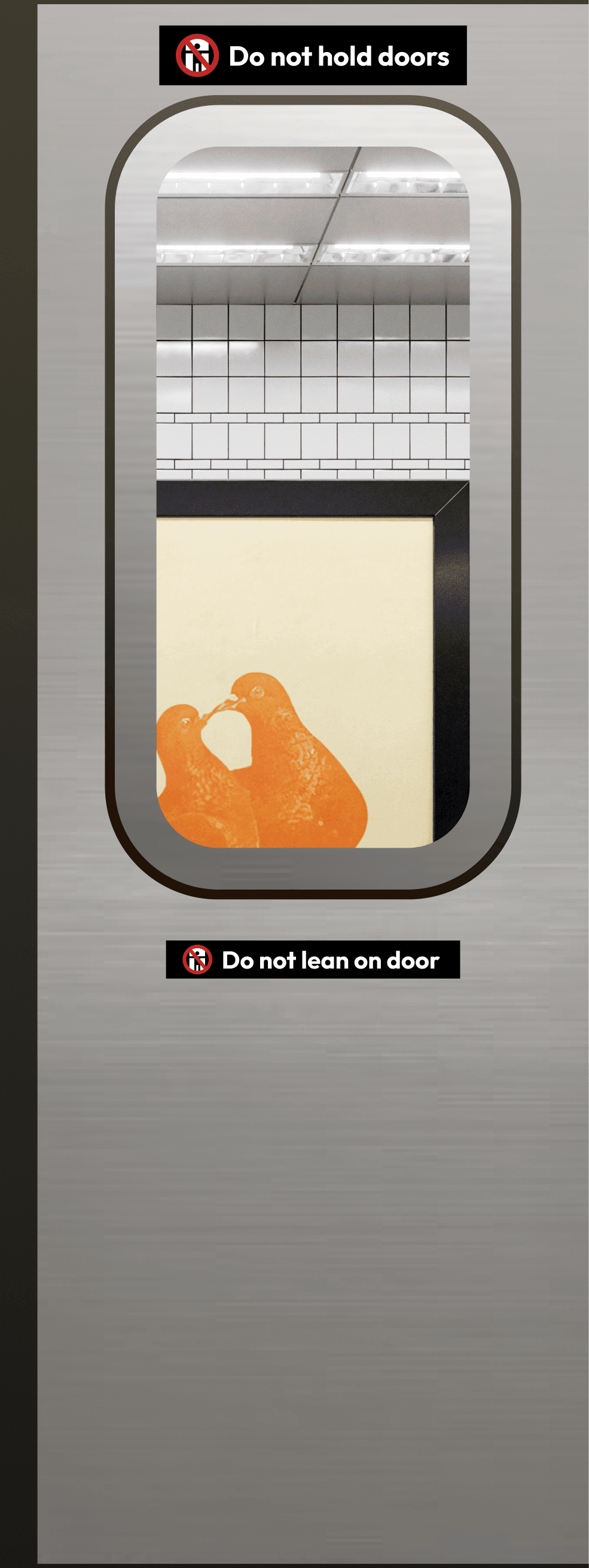 right side of a subway door with an ad peaking through the window