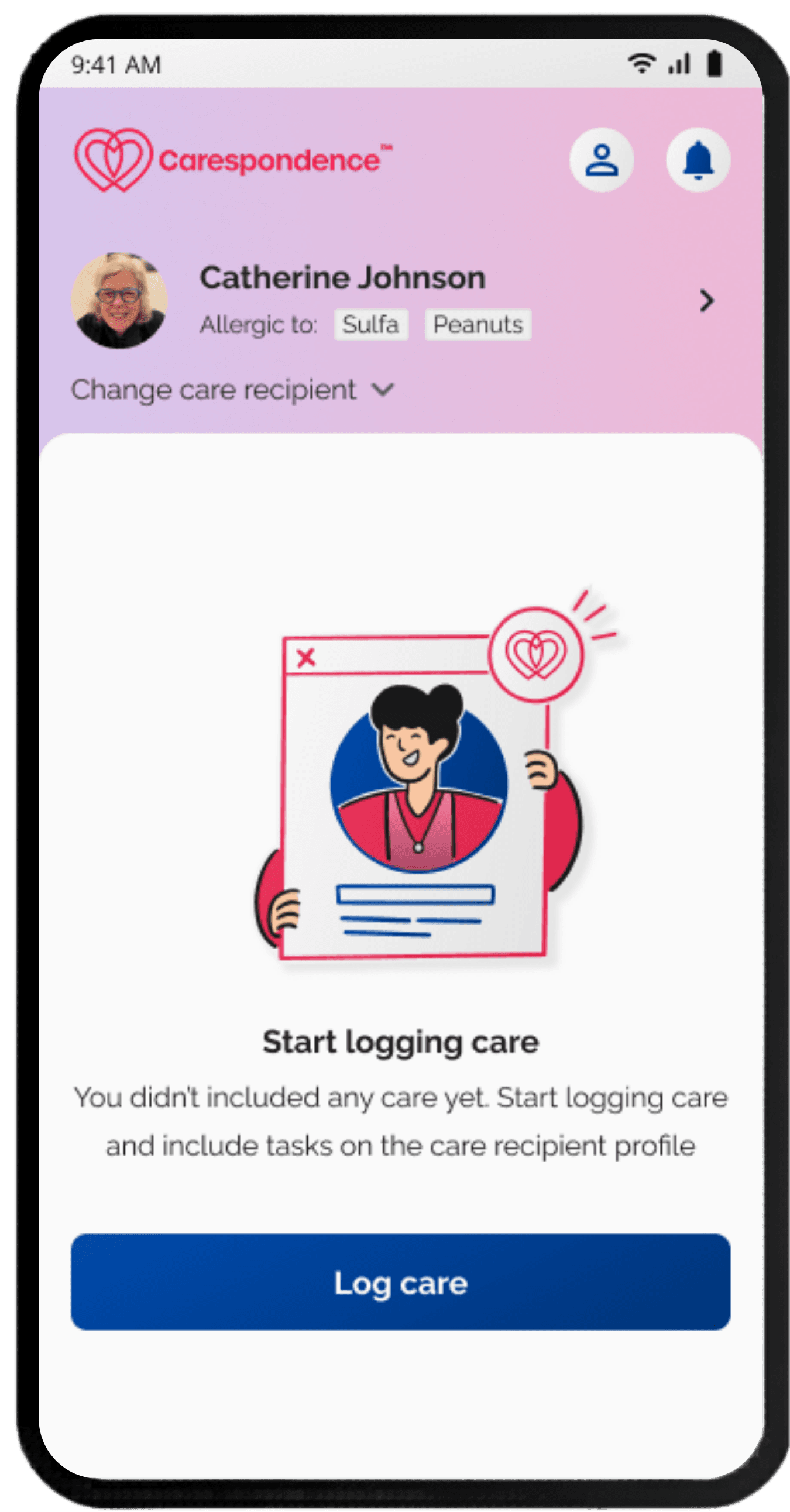 Carespondence app home screen showing a care recipient profile for Catherine Johnson with allergy information, and a prompt to start logging care.