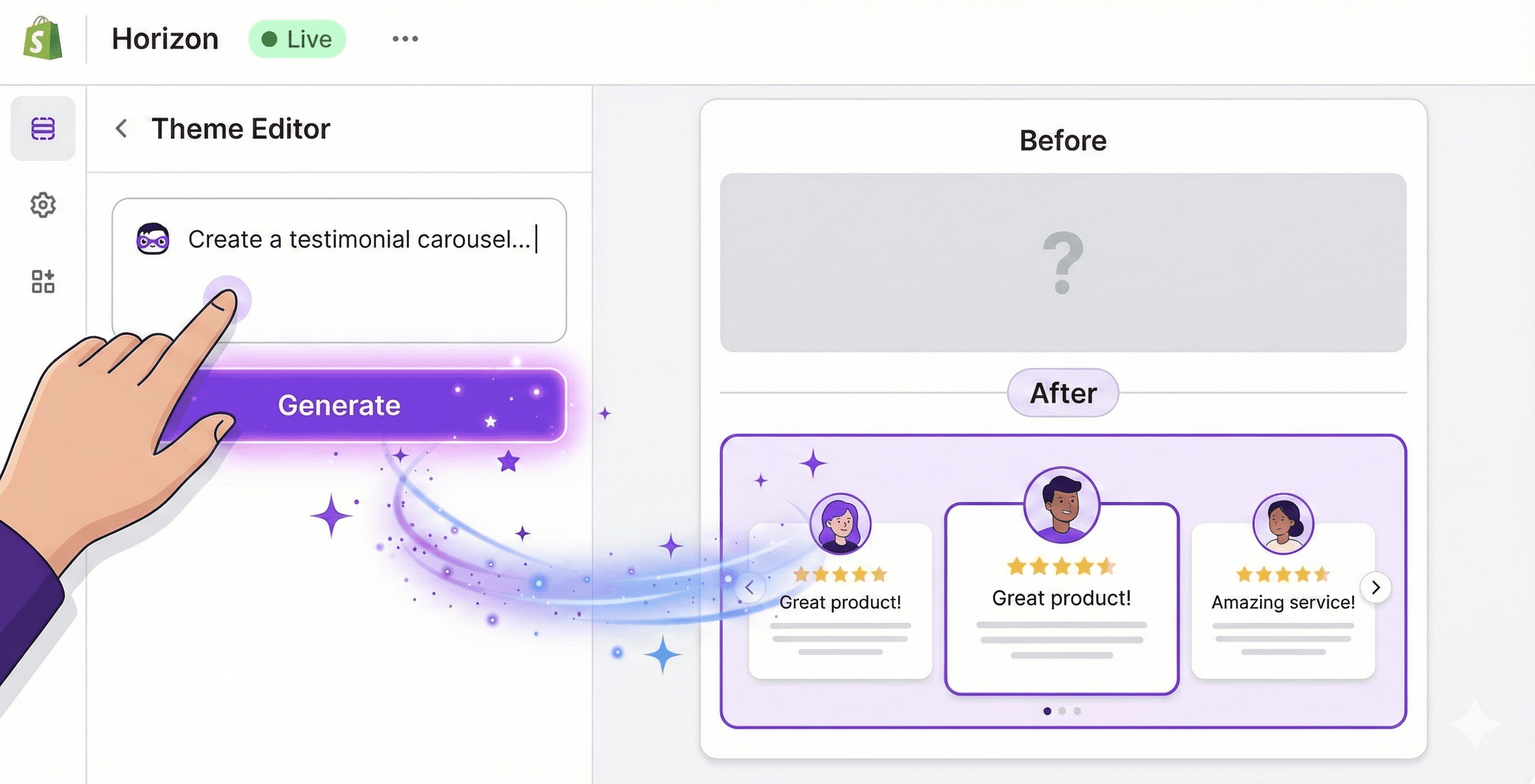 A modern UI illustration of a website theme editor. A user types "Create a testimonial carousel..." into a prompt box featuring the Sidekick icon. Magic sparkles transition from the prompt box to a finished, functional carousel block appearing on the webpage preview below.