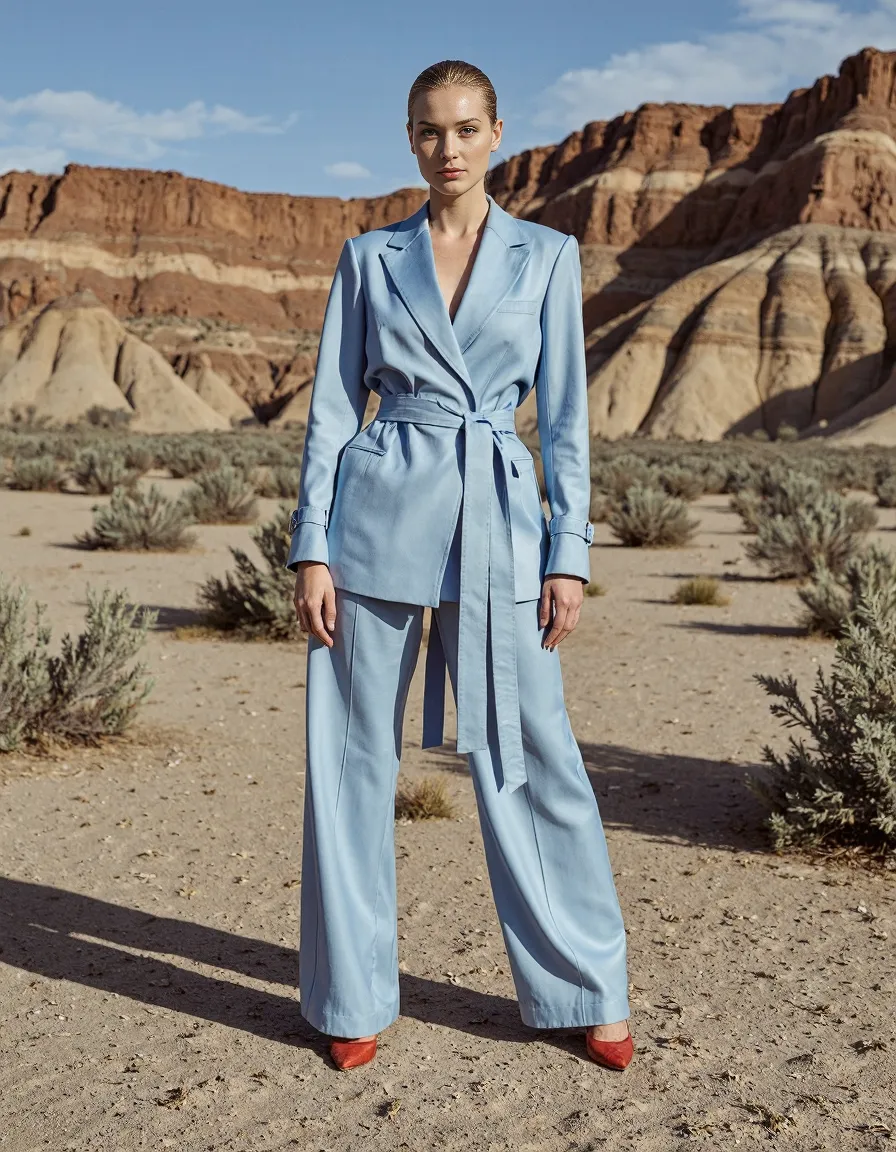 Powder blue tailored suit set against dramatic red rock desert landscape, showcasing high fashion editorial styling with natural textures
