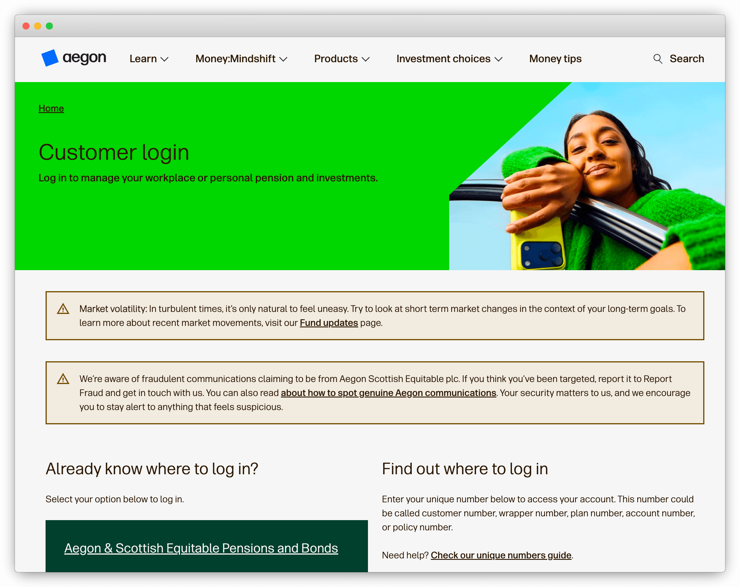 Aegon customer login page with its unique-number login finder