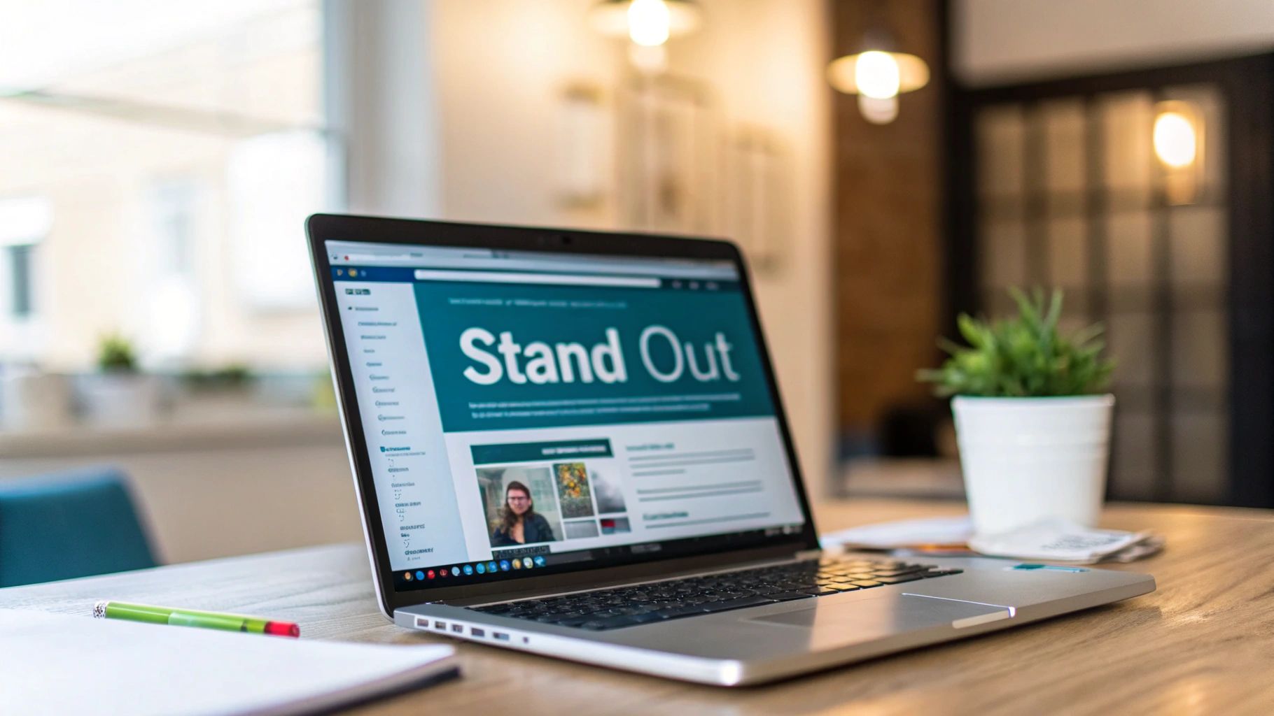 A silver laptop on a wooden desk displaying 'Stand Out' on its screen, with a green pen and plant.
