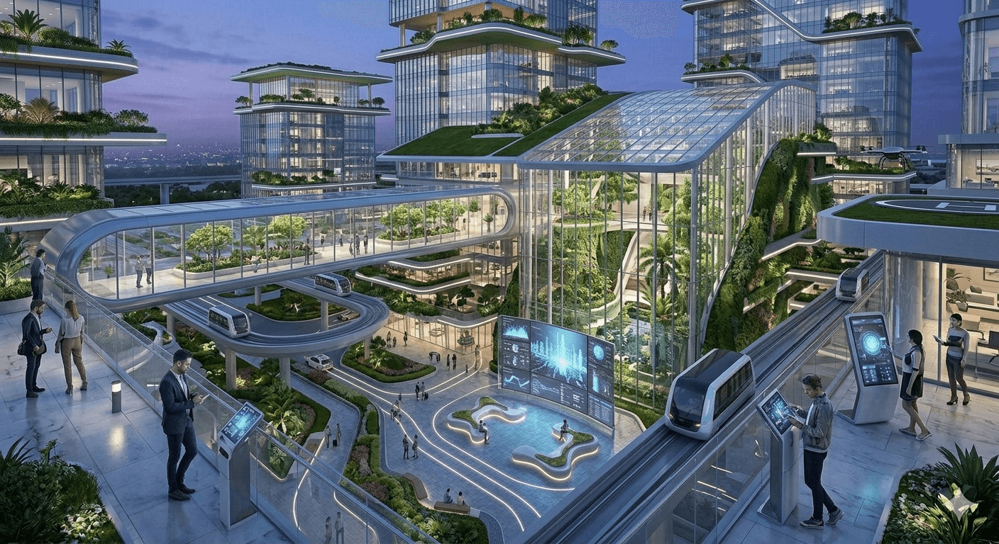 Sustainable high-rise architecture with vertical gardens and glass-domed botanical spaces in a luxury residential sector.