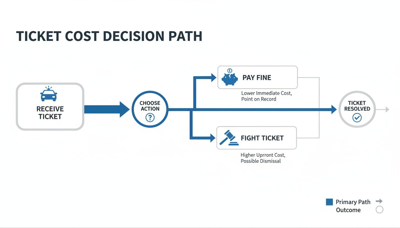 Flowchart showing a ticket cost decision path: receive ticket, choose to pay fine or fight, leading to ticket resolved.