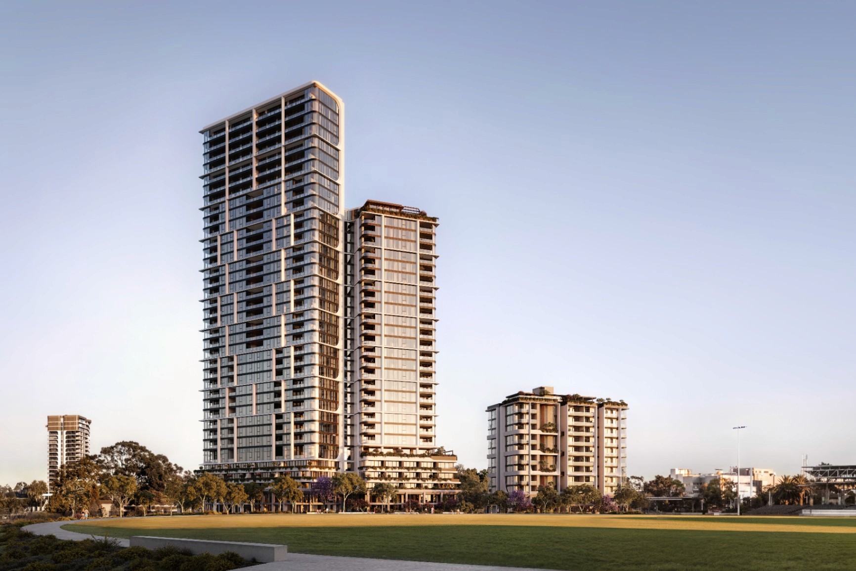 Luxury One Oval Subiaco apartments overlooking parklands in Perth, buy off the plan with $10k deposit using Coposit