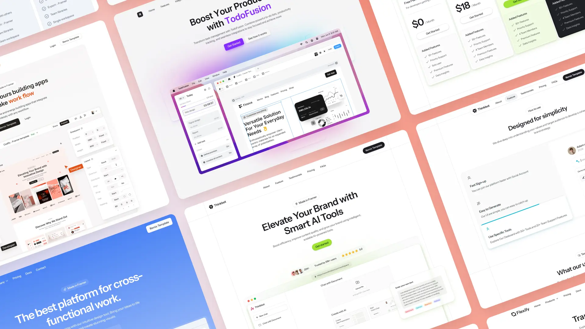 Collection of modern Framer website templates including TodoFusion, Thinkbot, Flexify, and more — perfect for SaaS, AI tools, and startup landing pages