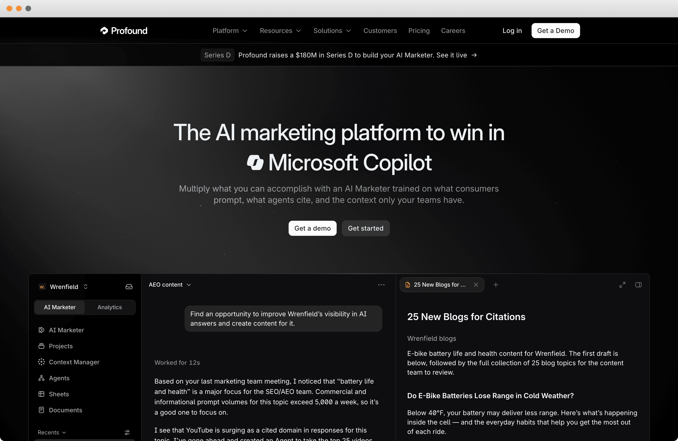 The Profound homepage, showing its answer engine insights product