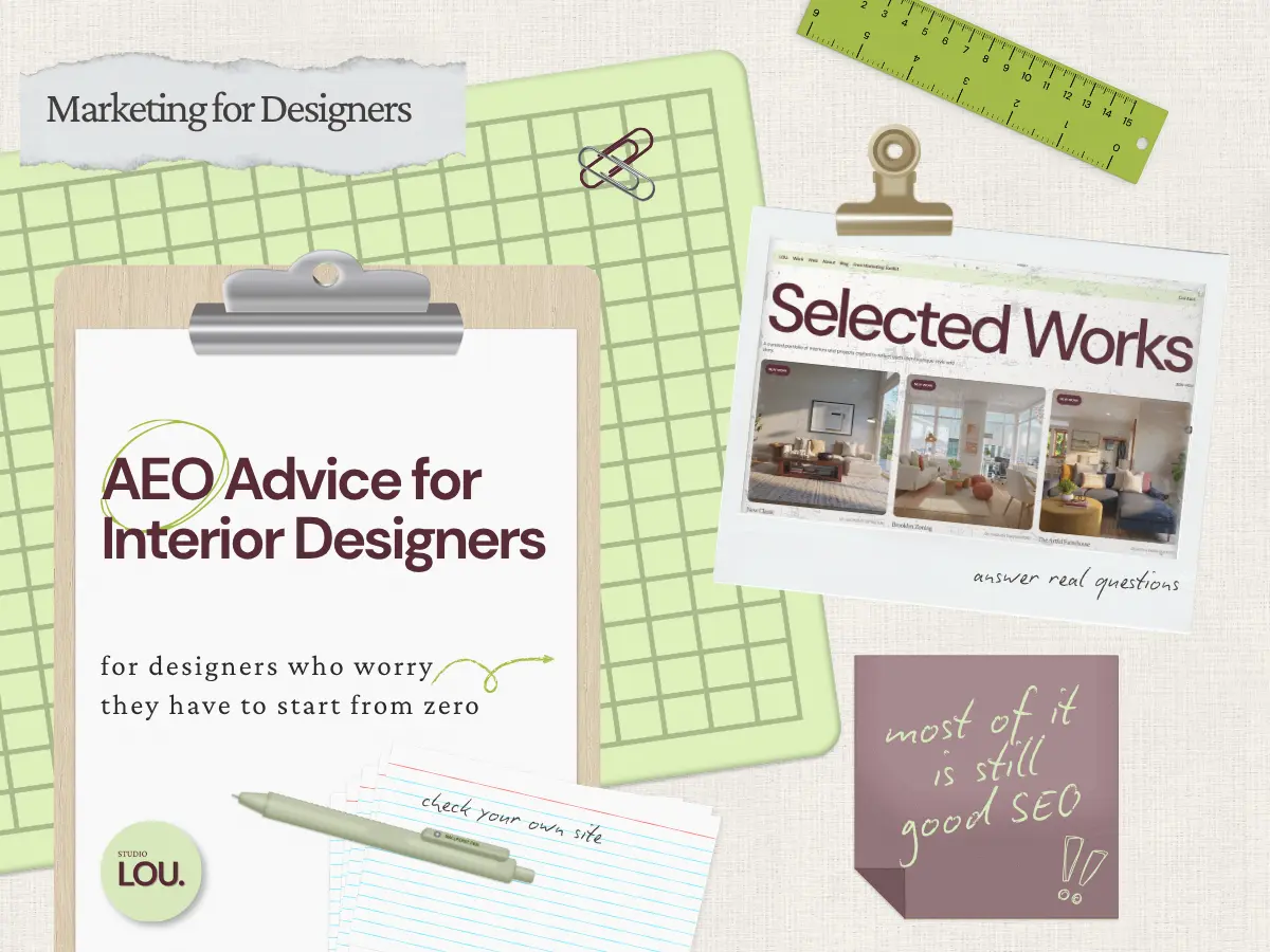 Papercraft desk collage with a clipboard that reads “I Was Already Doing Most of AEO,” a photo of an interior design website, and handwritten notes on a green cutting mat.