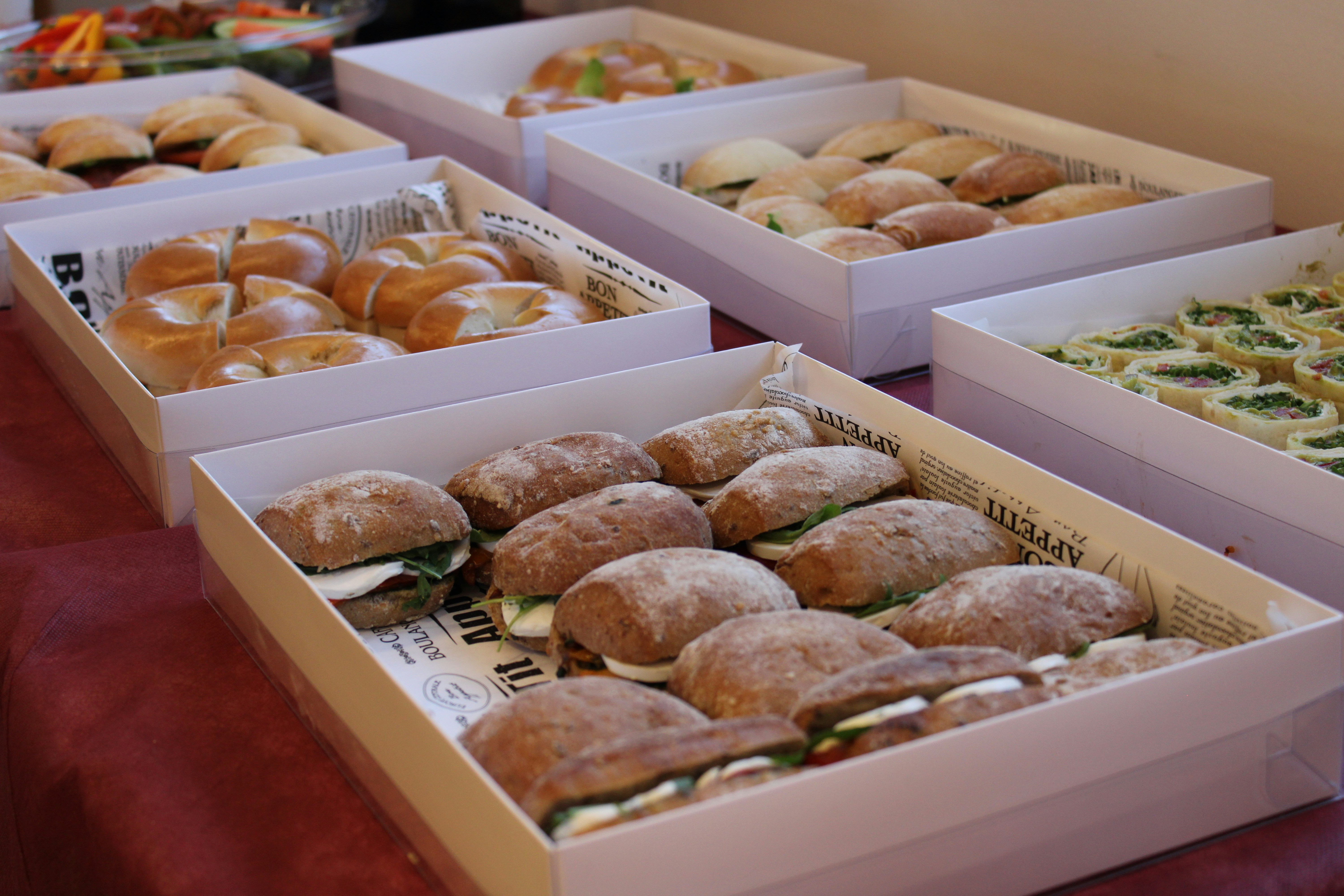 Boxed sandwiches and salads packed for delivery
