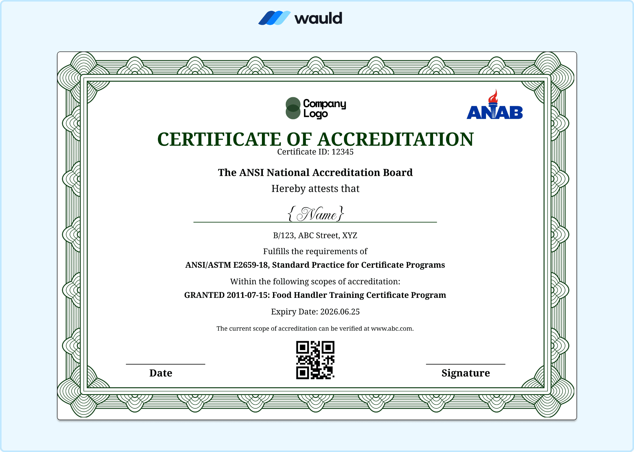 Green decorative bordered certificate of accreditation template with recipient name field, accrediting board details, standard practice reference, granted 