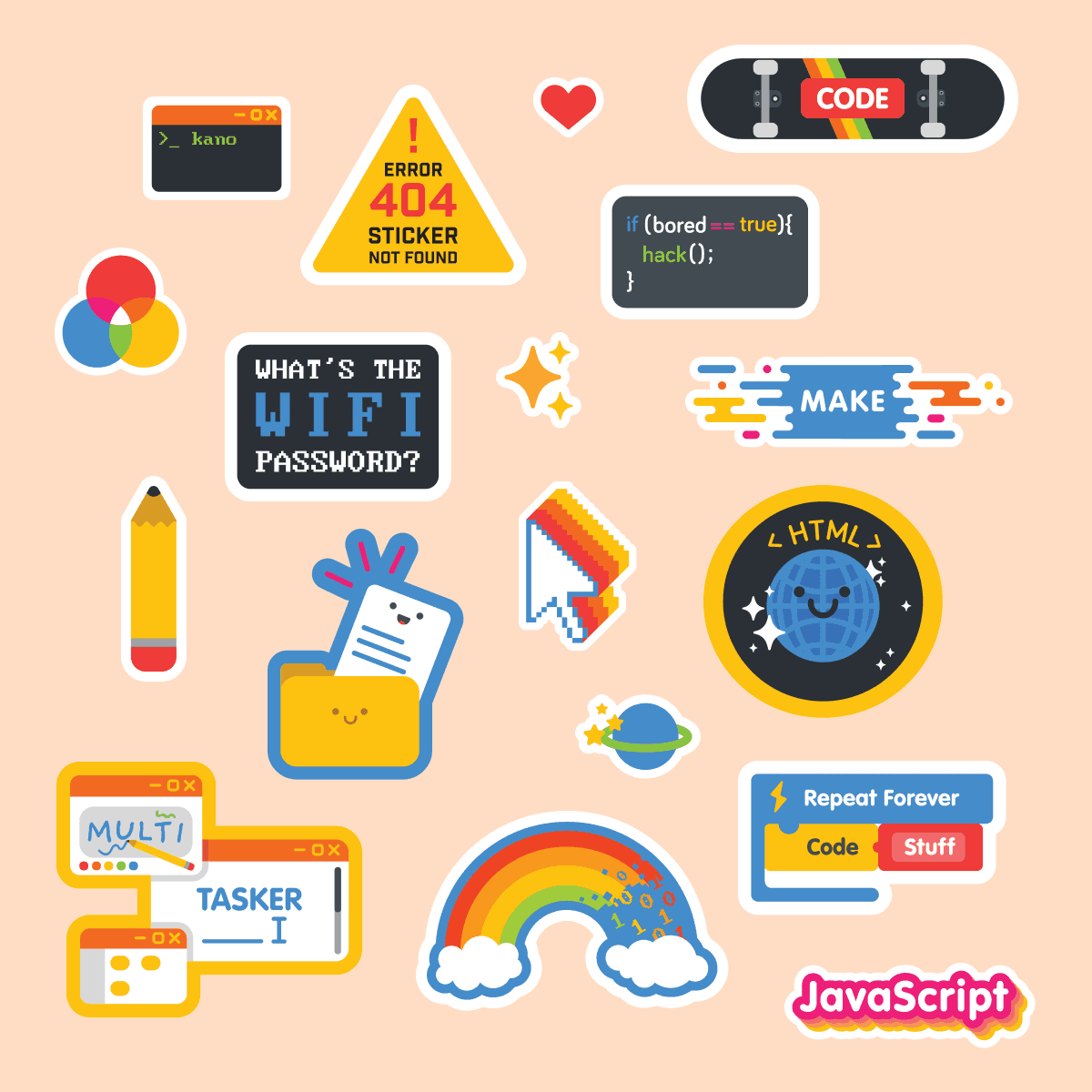 Many sticker designs are shown on a pale peach background. There is a cute document popping from a folder, a sticker stating "What's the wifi password?" among other tech and coding themed designs.