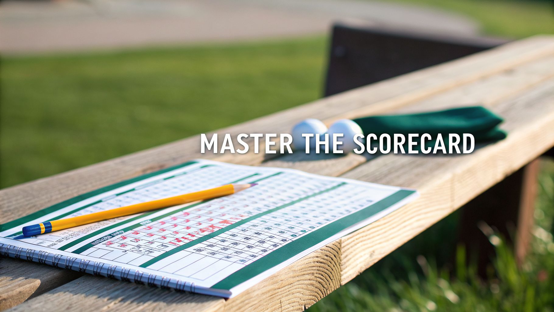 A golf scorecard with a pencil, two golf balls, and a green towel on a wooden bench.