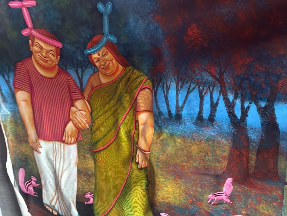 herd of sheep on road painting