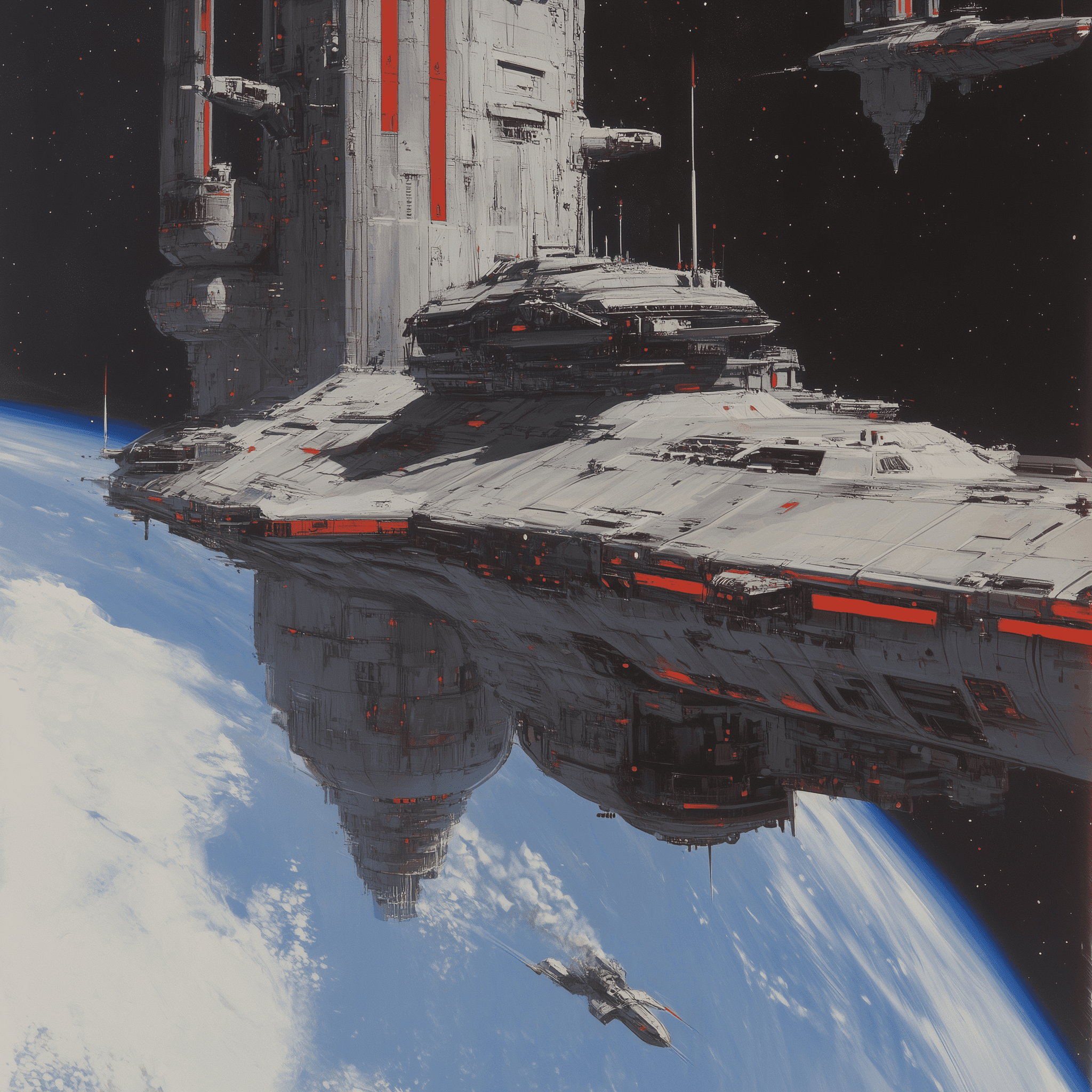 A massive space station made of gray and red panels, Concept art of the star Galactic, in the style of Gabriele Dell'otto, and a large deep blue planet in the background, highly detailed, red accent colors.