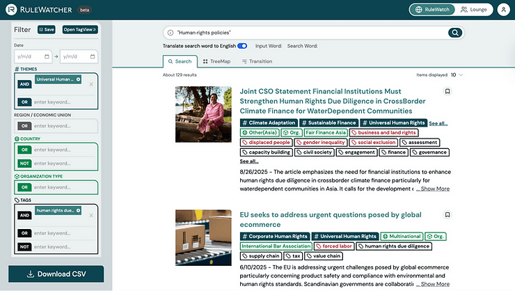 Figure 3: RuleWatcher Results Filtered by the Tag “Human Rights Due Diligence”