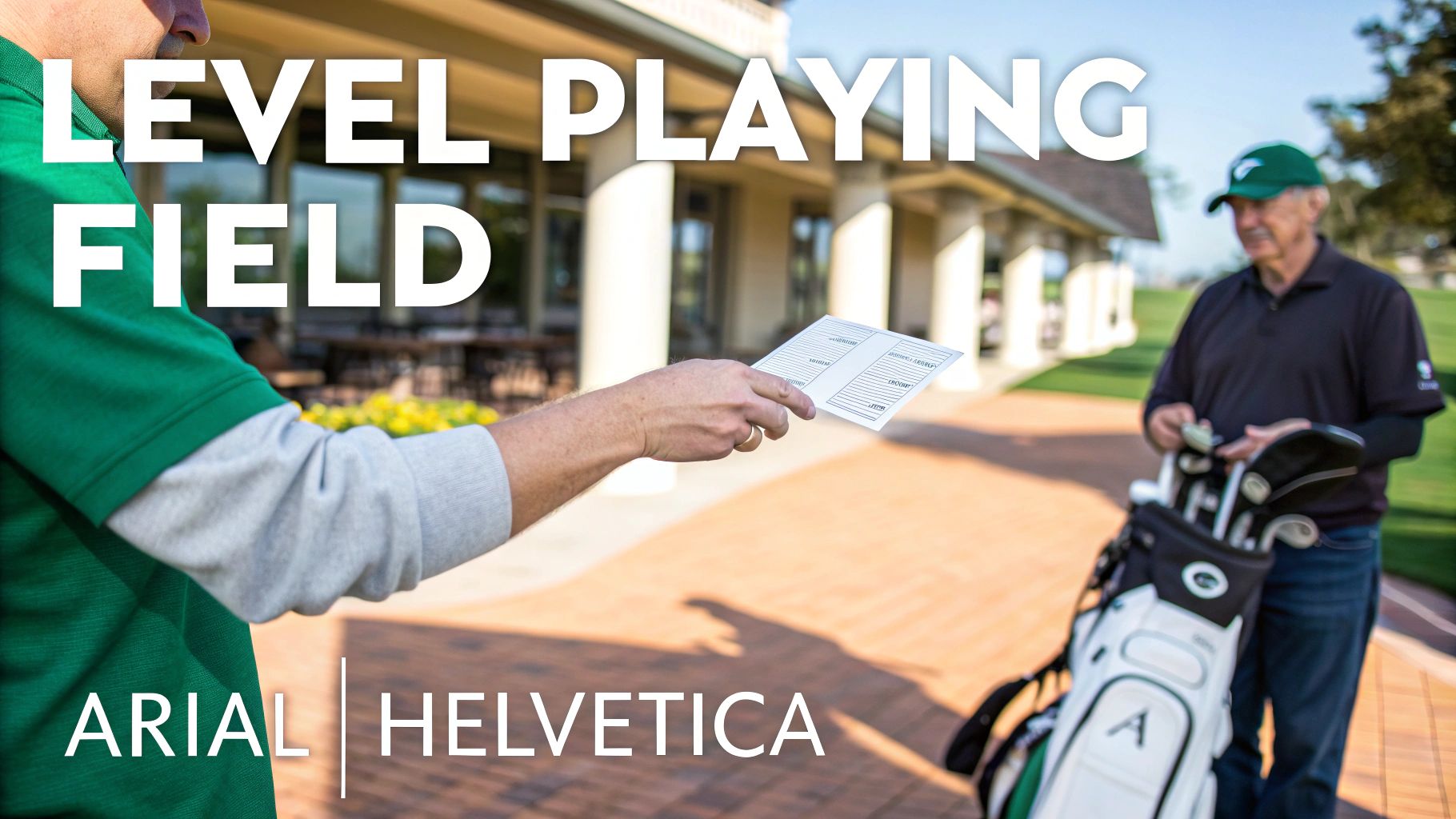 A person hands a golf scorecard to another golfer, emphasizing a 'level playing field'.