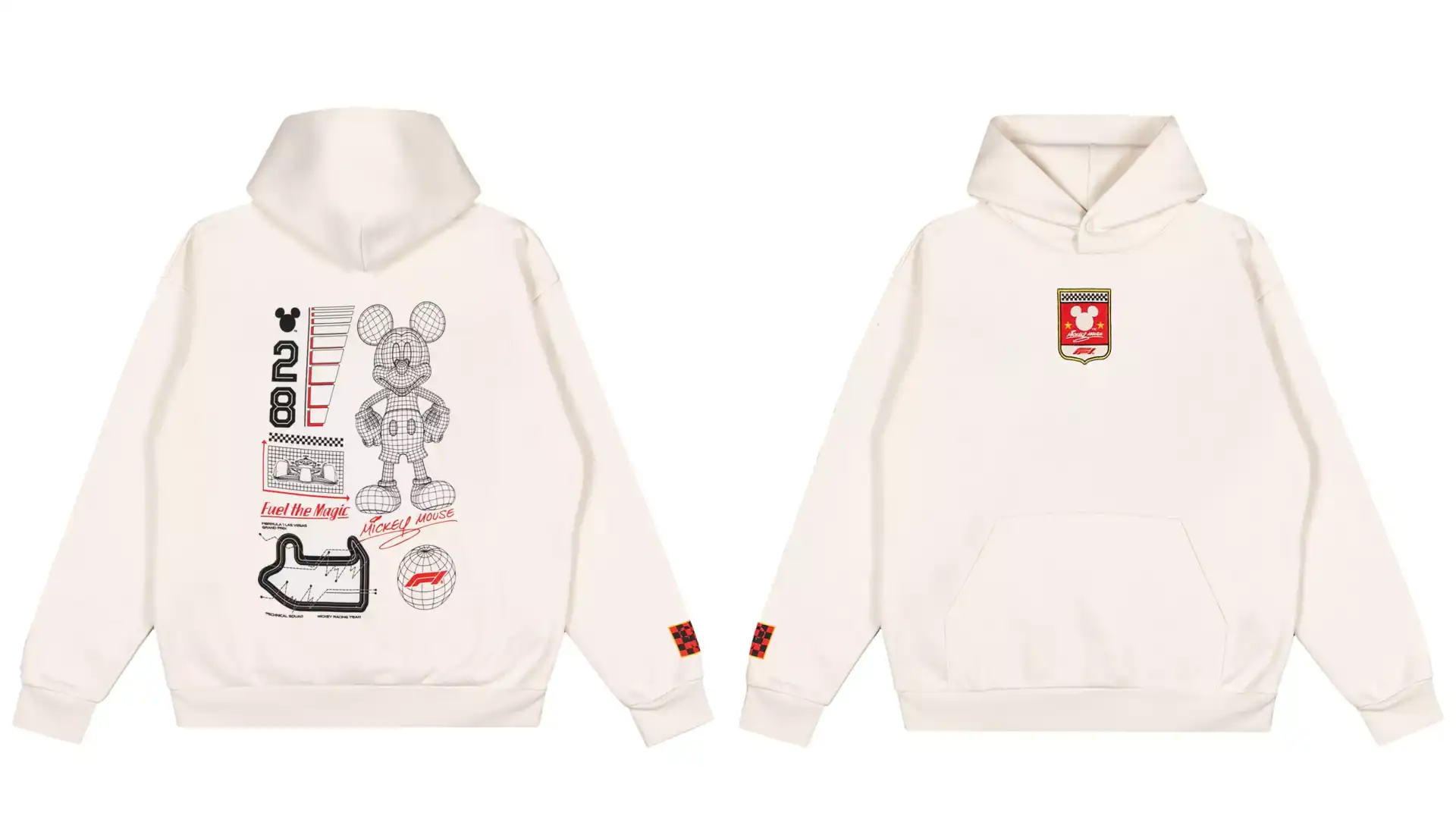 Limited-edition Disney x F1 cream hoodie with wireframe Mickey art, debuting on the new TikTok Shop. Source: Disney Store