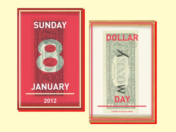 A red calendar for January 2012 displays Sunday, January 8th, with the month and year printed at the bottom. A transparent display case containing a one-dollar bill is positioned to the right.