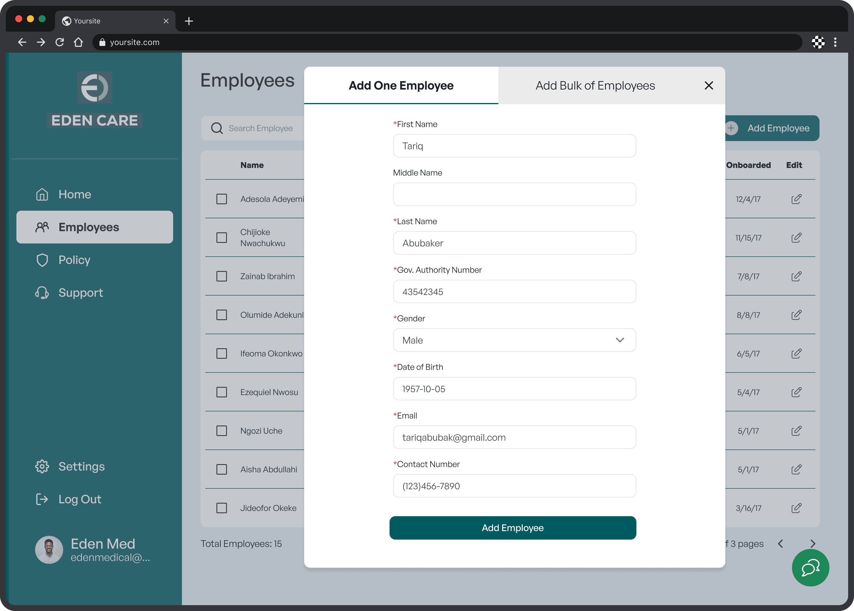 Employees page with "add employee" modal