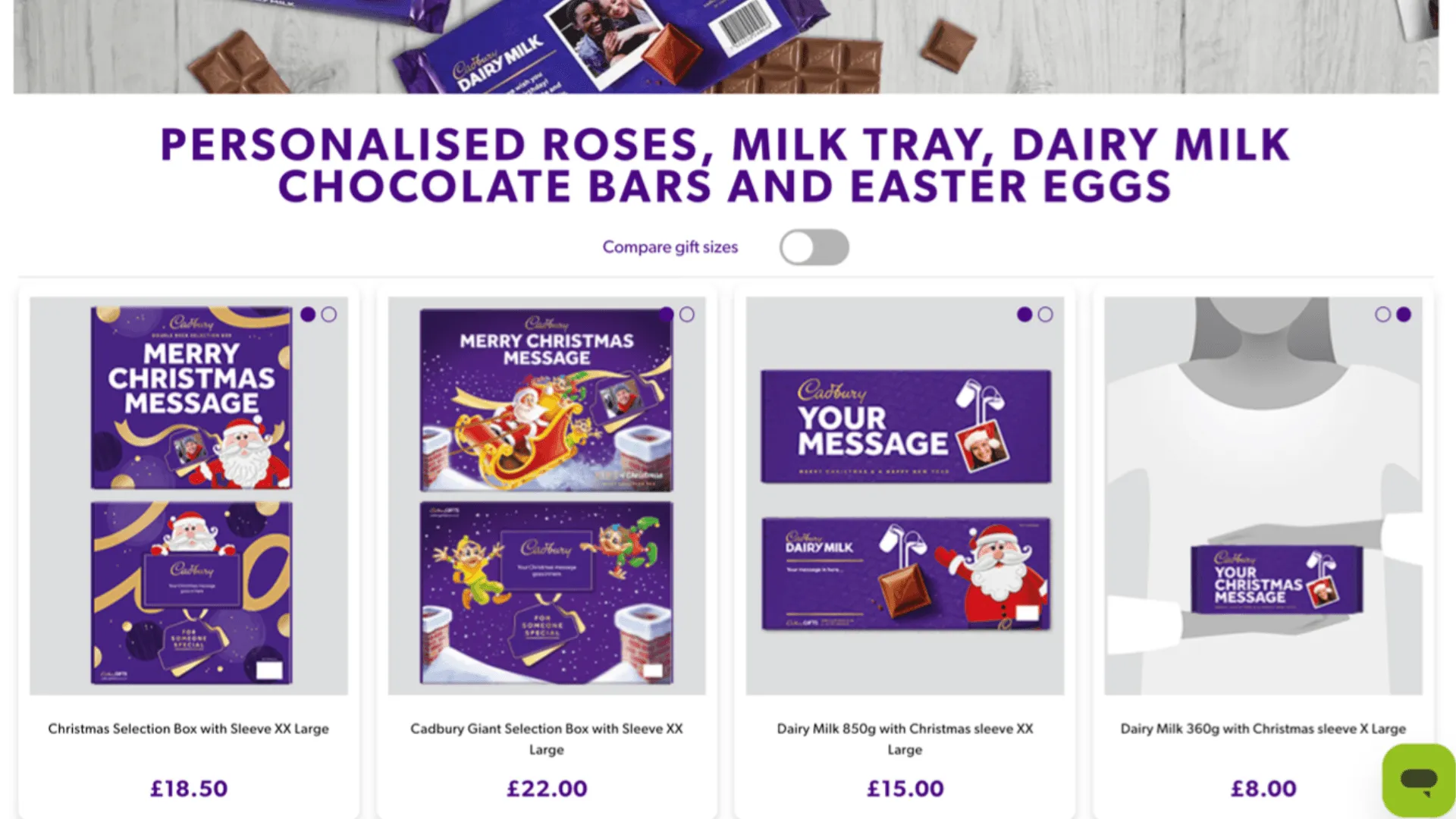 A screenshot of the Cadbury website promoting personalised chocolate bars