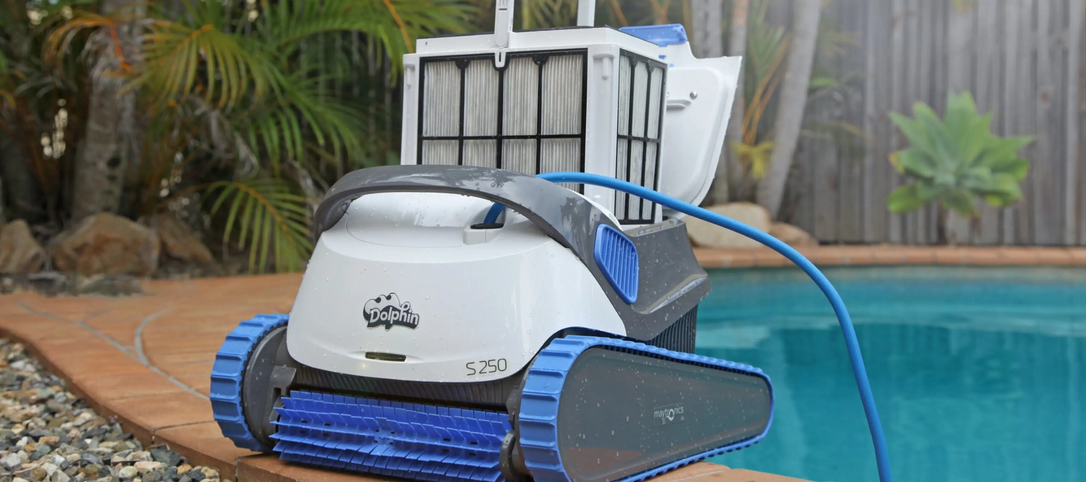 The dolphin s150 product shot next to a pool