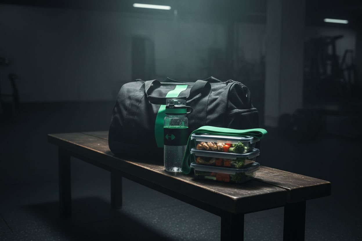 Bolsa de gimnasio, botella de agua y recipientes de comida en un banco