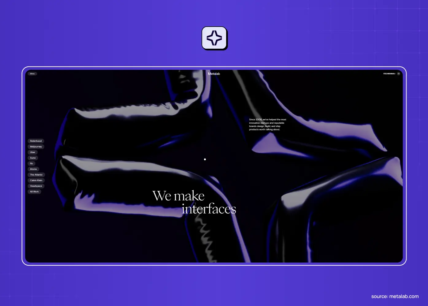 Dark creative agency website featuring the headline “We make interfaces” over an abstract glossy black and purple visual.