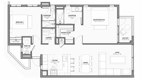 Plano de apartamento moderno de dos dormitorios con área abierta de sala y comedor.