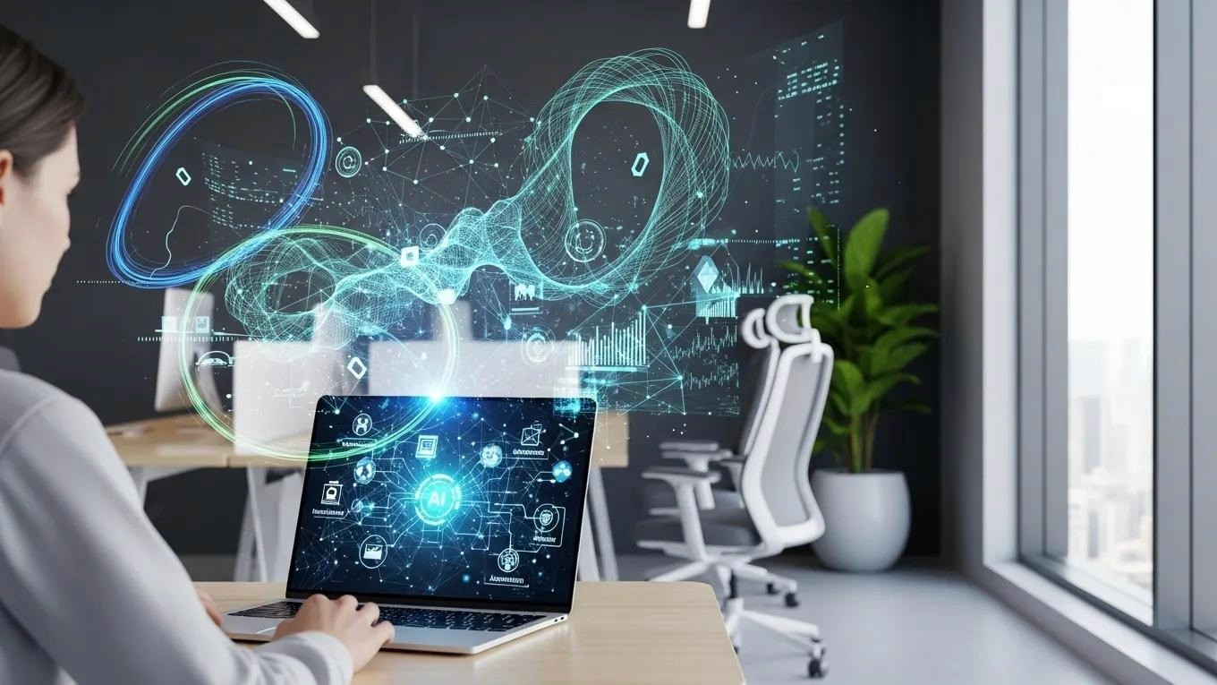 Person using a laptop with AI technology elements, highlighting the integration of AI in enhancing privacy and productivity