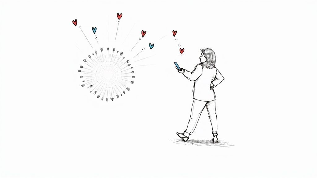 Illustration of a person walking, using a phone, with hearts representing social media engagement.