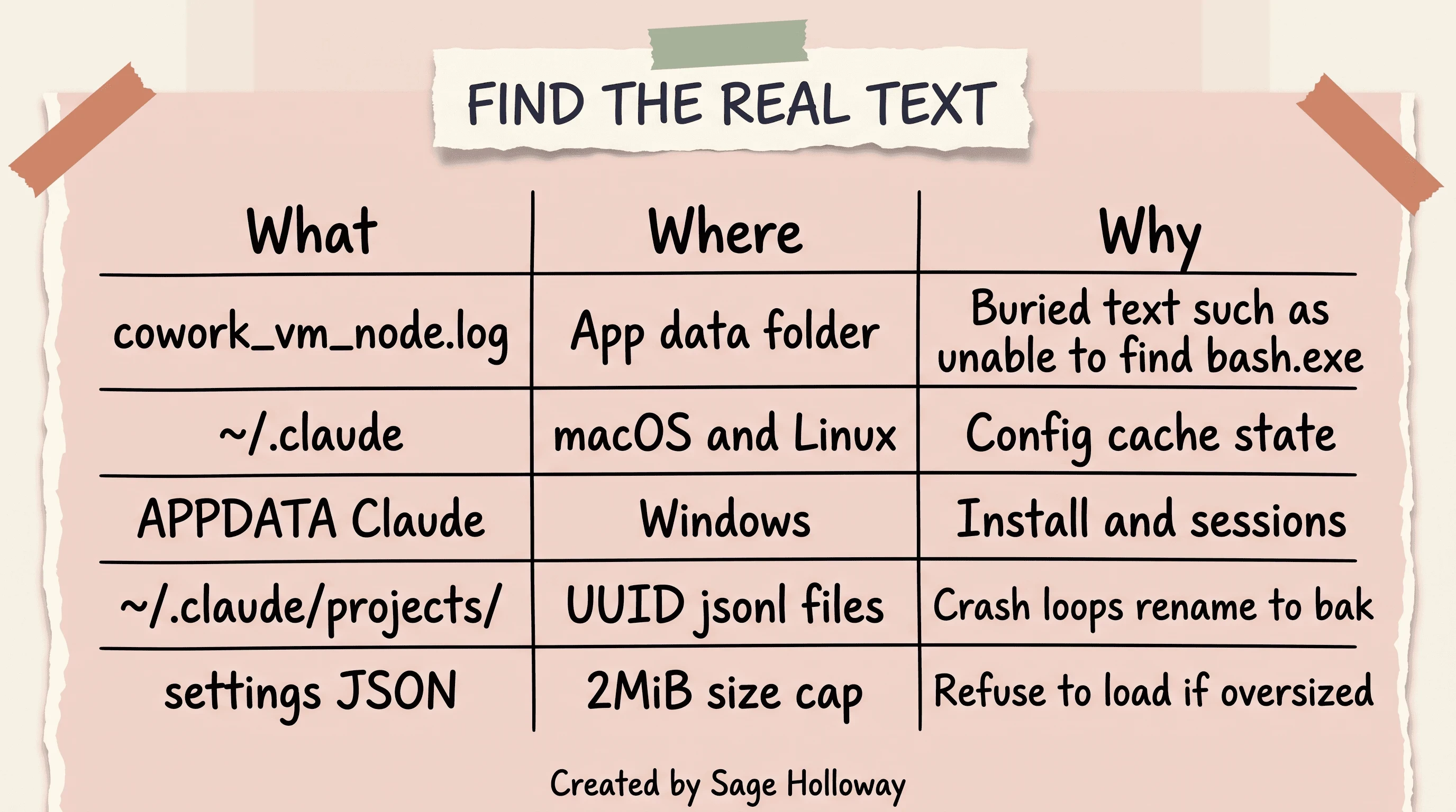 Table of Claude Code hidden log and config paths including cowork_vm_node.log, ~/.claude, and Windows AppData